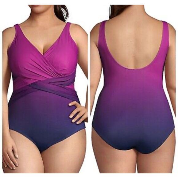 Lands' End Other - NWT Lands' End Womens Wrap Front One Piece Swimsuit Sz 10L Pink Ombre Slimming